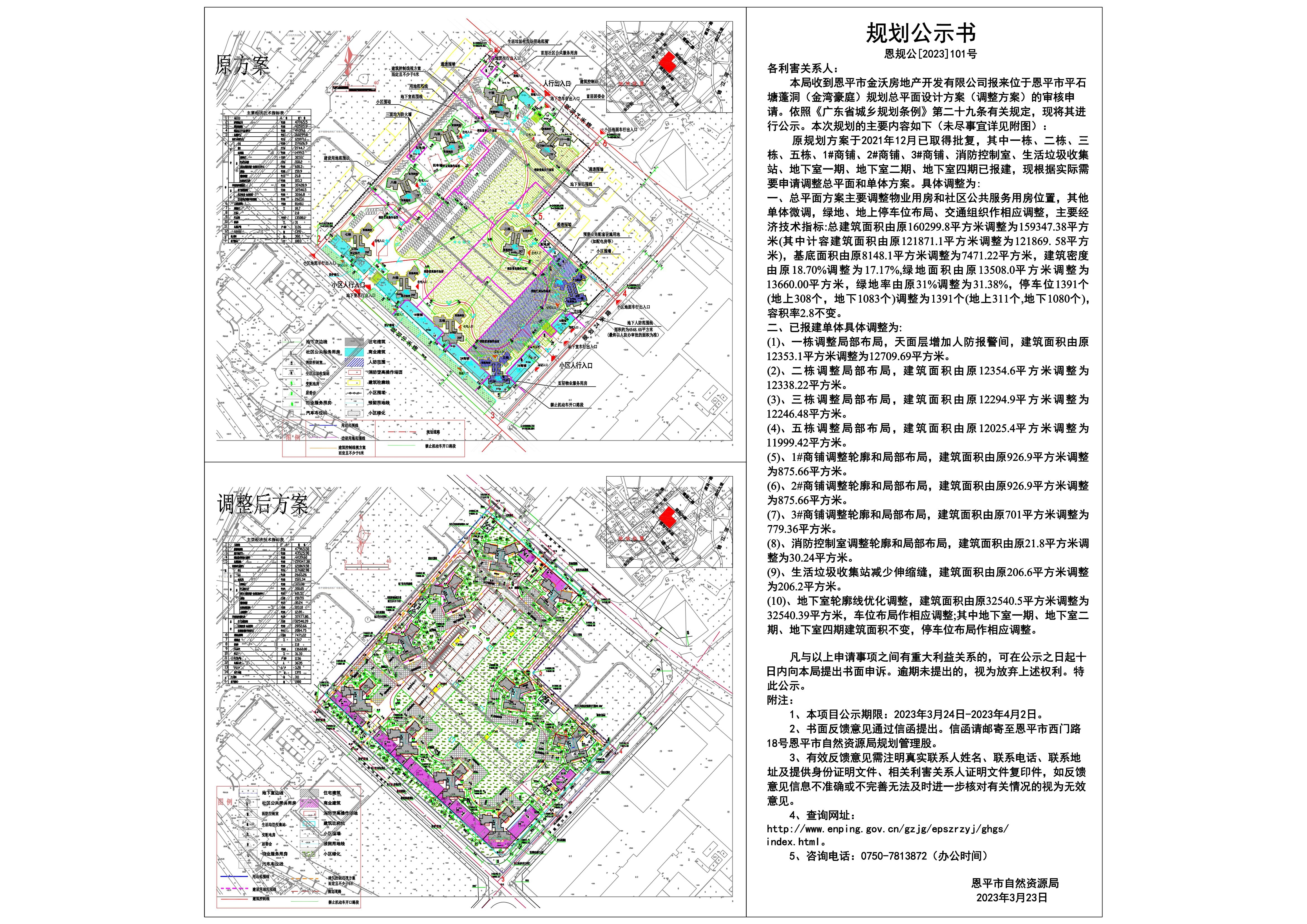 恩规公【2023】101号.关于恩平市平石塘蓬洞（金湾豪庭）规划总平面设计方案（调整方案）的公示_00.jpg