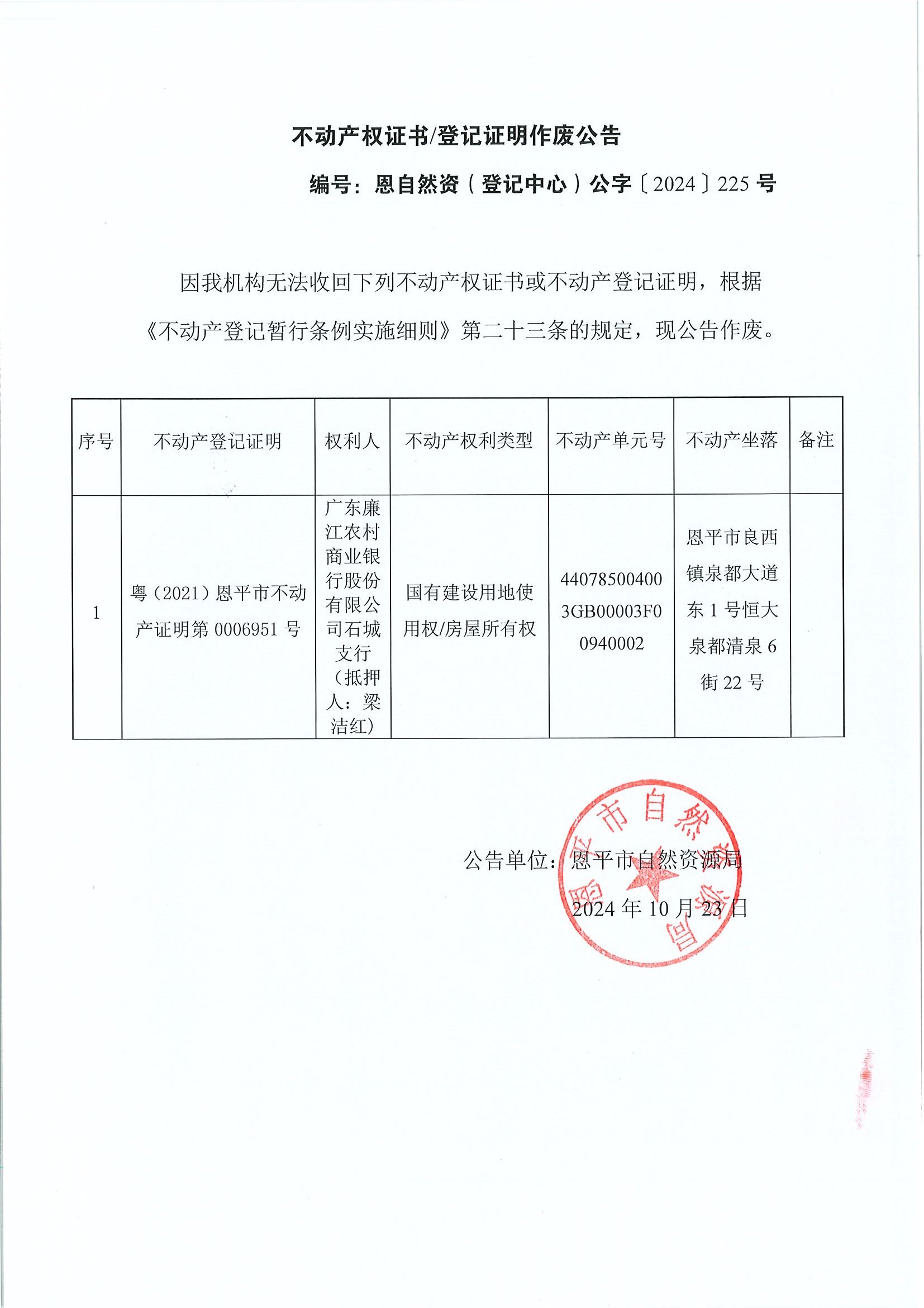 不动产权证书登记证明作废公告-恩自然资（登记中心）公字〔2024〕225号-广东廉江农村商业银行股份有限公司石城支行（抵押人：梁洁红）.jpg