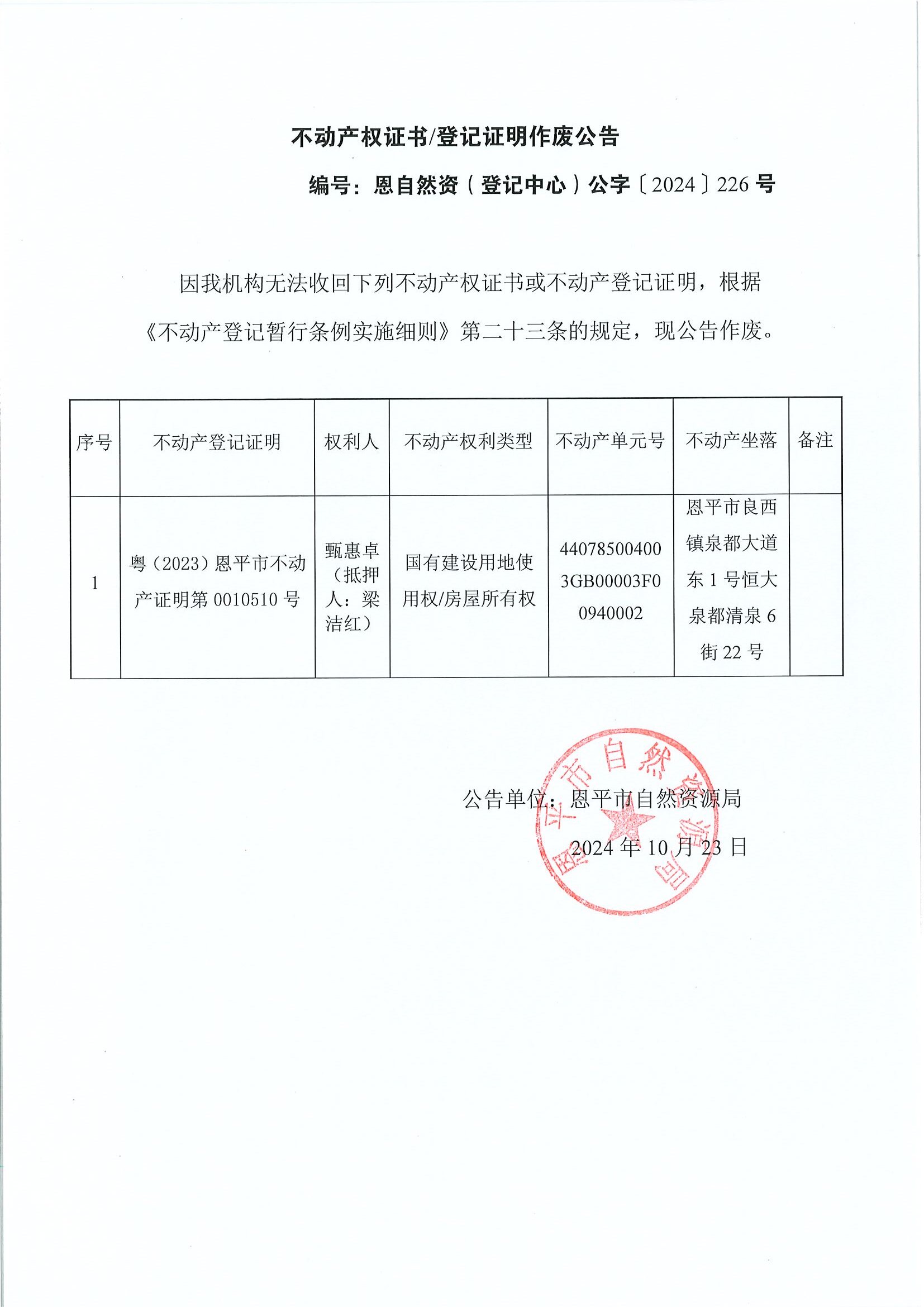 不动产权证书登记证明作废公告-恩自然资（登记中心）公字〔2024〕226号-甄惠卓（抵押人：梁洁红）.jpg
