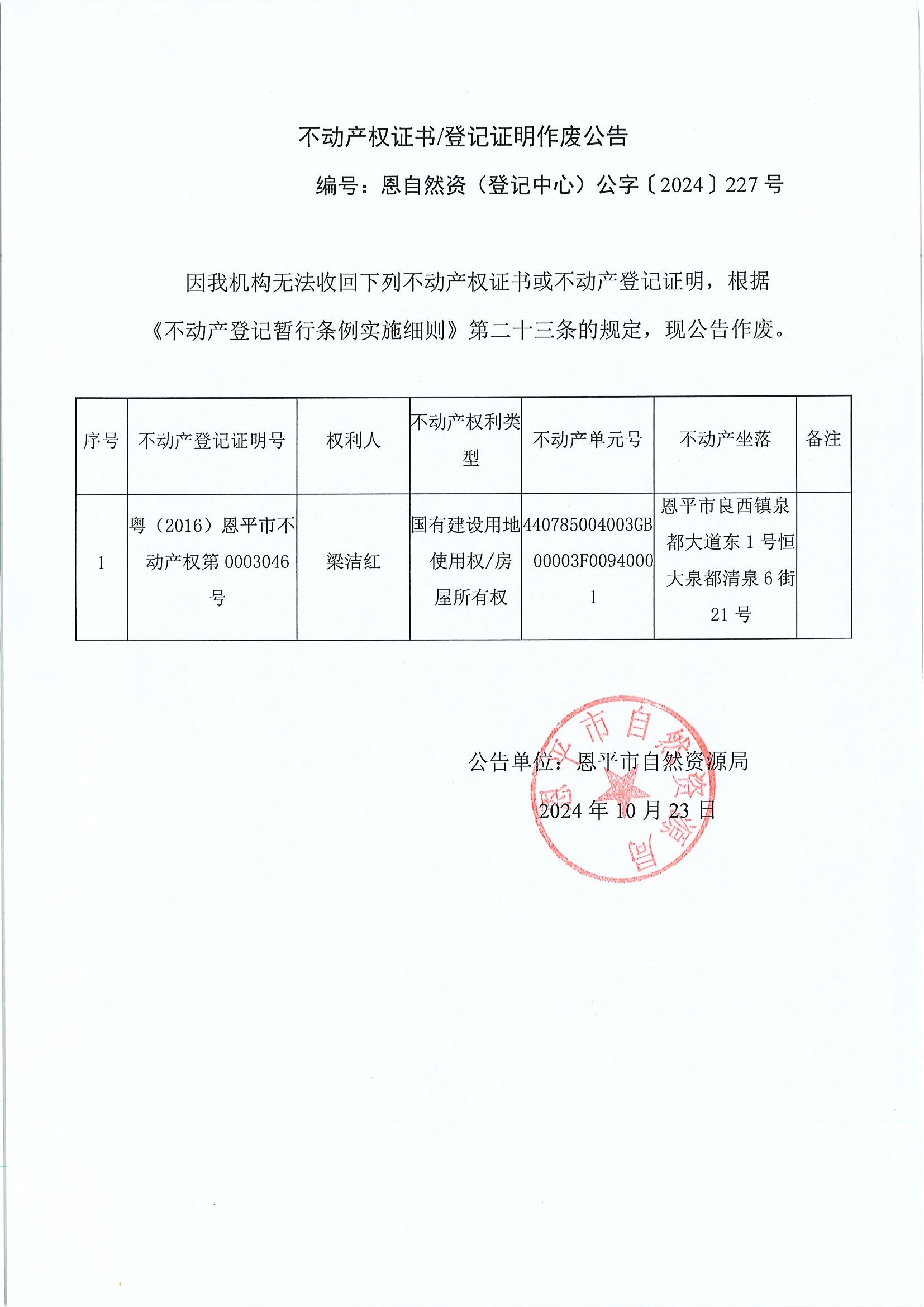 不动产权证书登记证明作废公告-恩自然资（登记中心）公字〔2024〕227号-梁洁红.jpg
