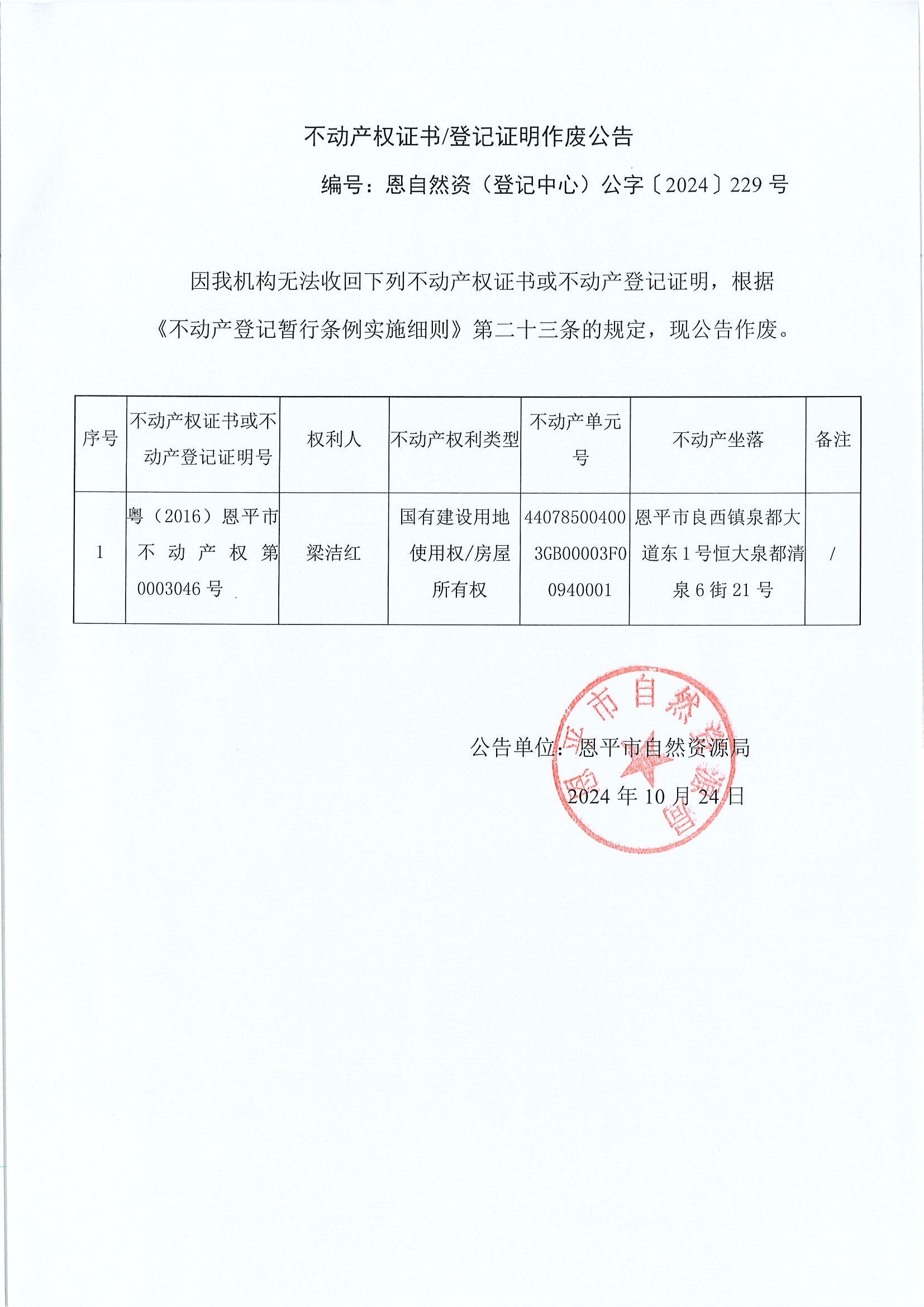 不动产权证书登记证明作废公告-恩自然资（登记中心）公字〔2024〕229号-梁洁红.jpg