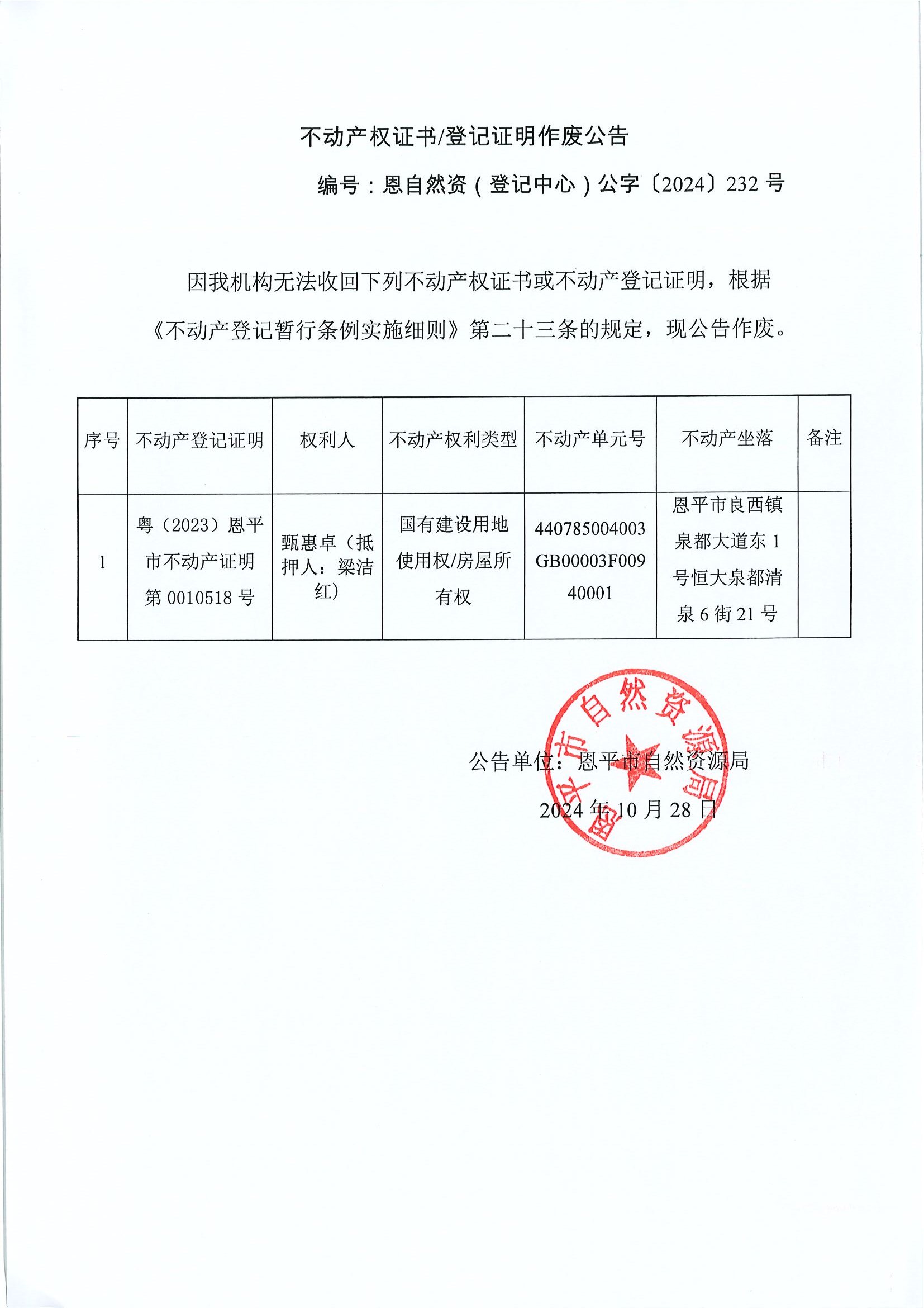 不动产权证书登记证明作废公告-恩自然资（登记中心）公字〔2024〕232号-甄惠卓（抵押人：梁洁红）.jpg