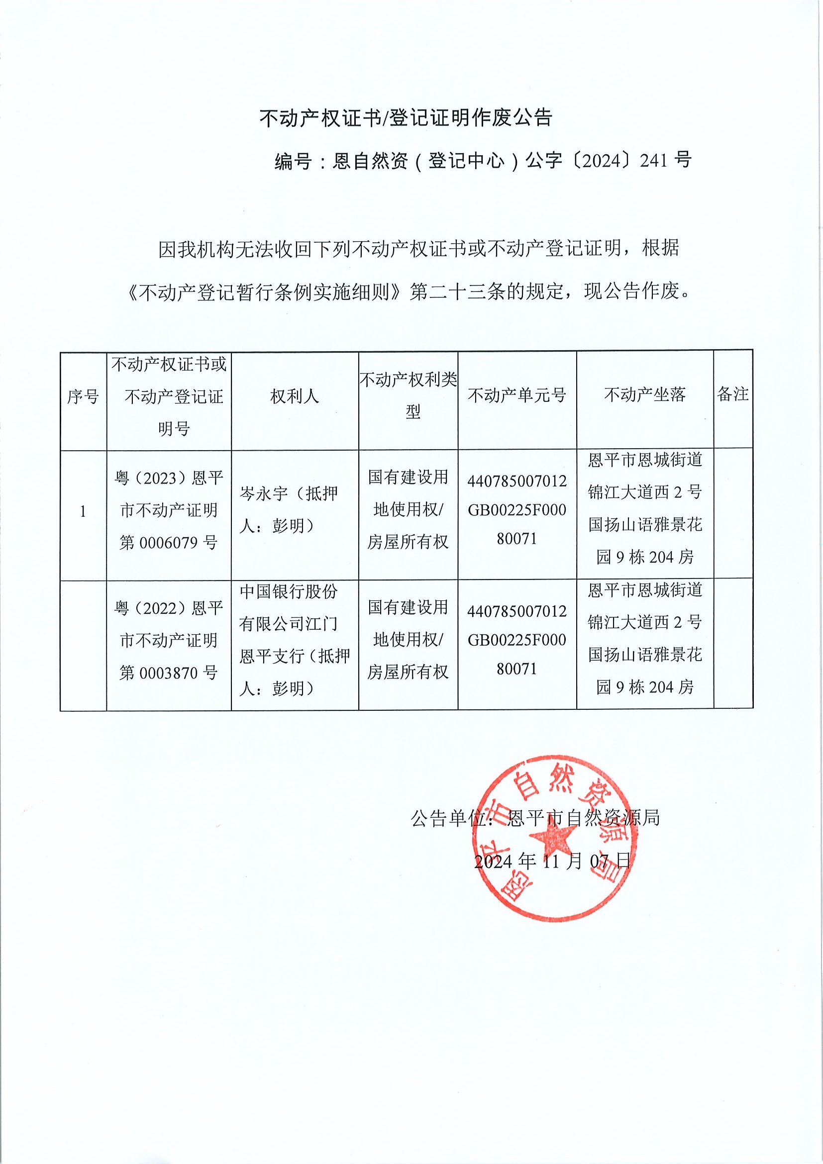 不动产权证书登记证明作废公告-恩自然资（登记中心）公字〔2024〕241号-岑永宇（抵押人：彭明）、中国银行股份有限公司江门恩平支行（抵押人：彭明）.jpg