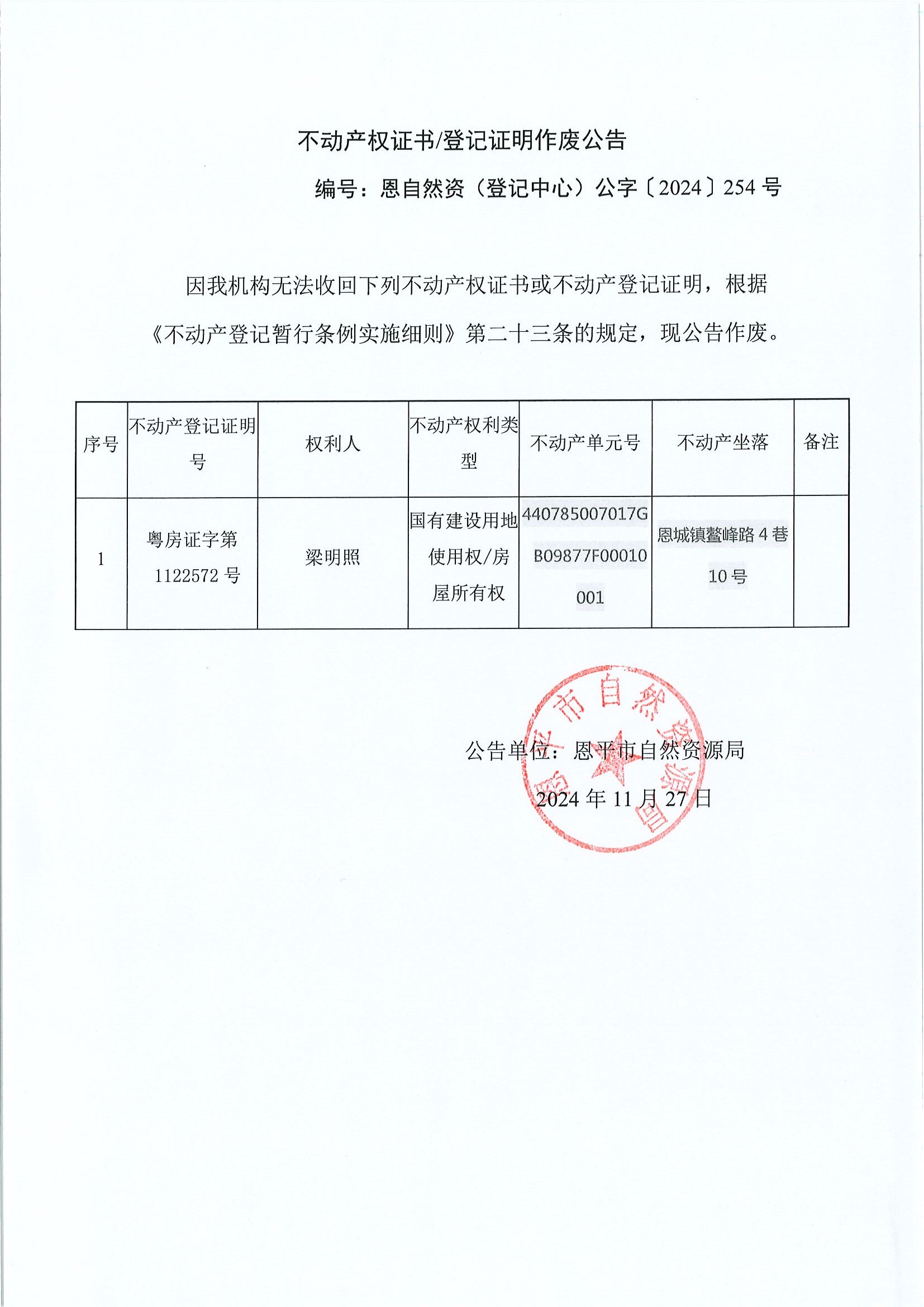 不动产权证书登记证明作废公告-恩自然资（登记中心）公字〔2024〕254号-梁明照.jpg