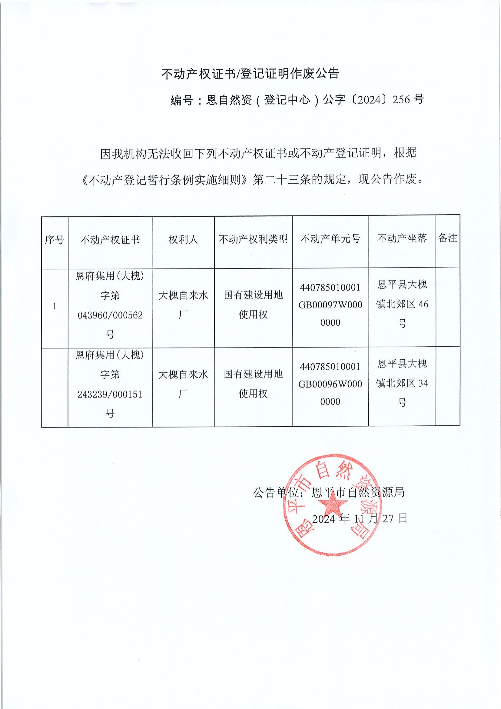 不动产权证书登记证明作废公告-恩自然资（登记中心）公字〔2024〕256号-大槐自来水厂.jpg