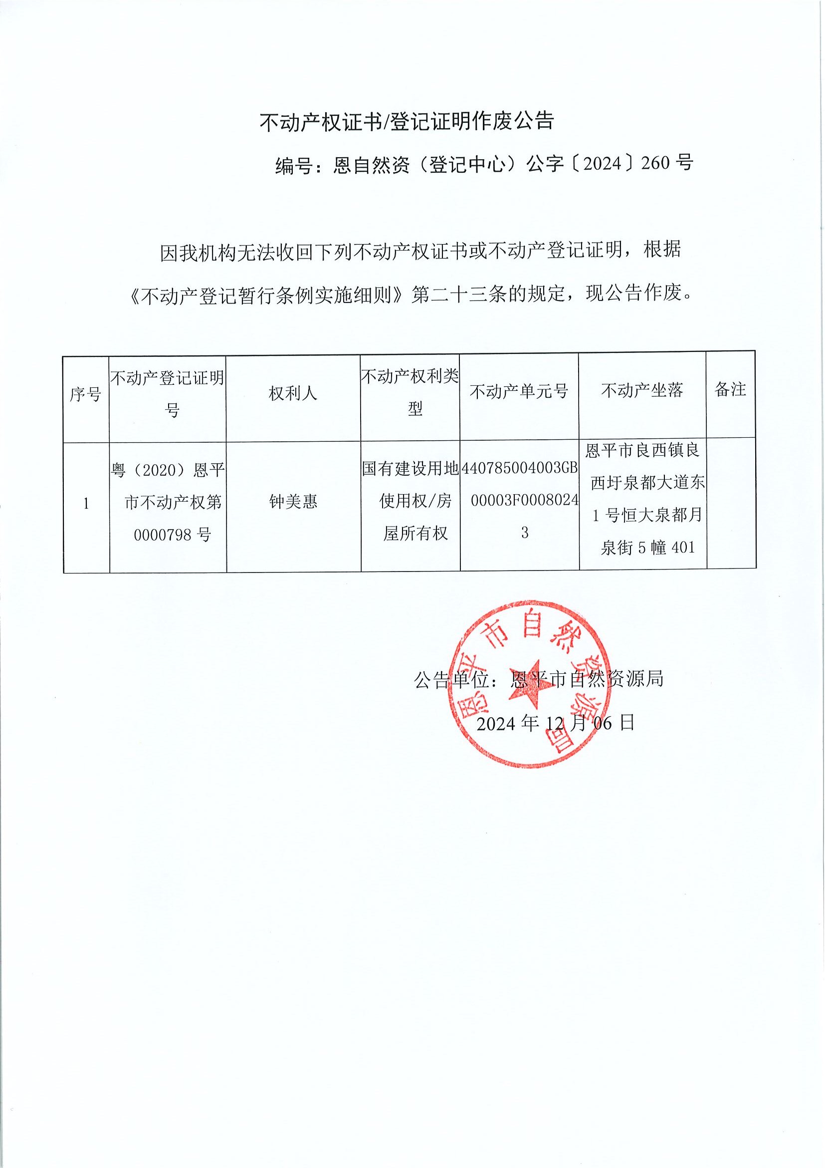 不动产权证书登记证明作废公告-恩自然资（登记中心）公字〔2024〕260号-钟美惠.jpg