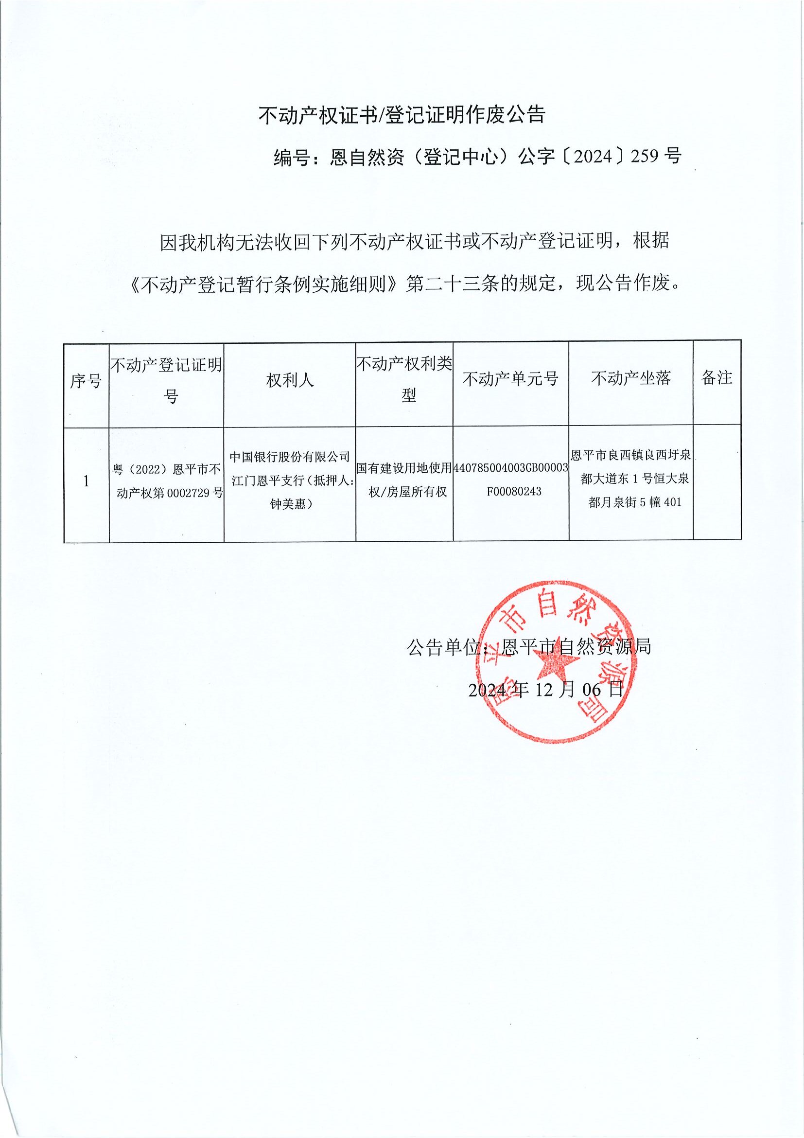 不动产权证书登记证明作废公告-恩自然资（登记中心）公字〔2024〕259号-中国银行股份有限公司江门恩平支行（抵押人：钟美惠）.jpg